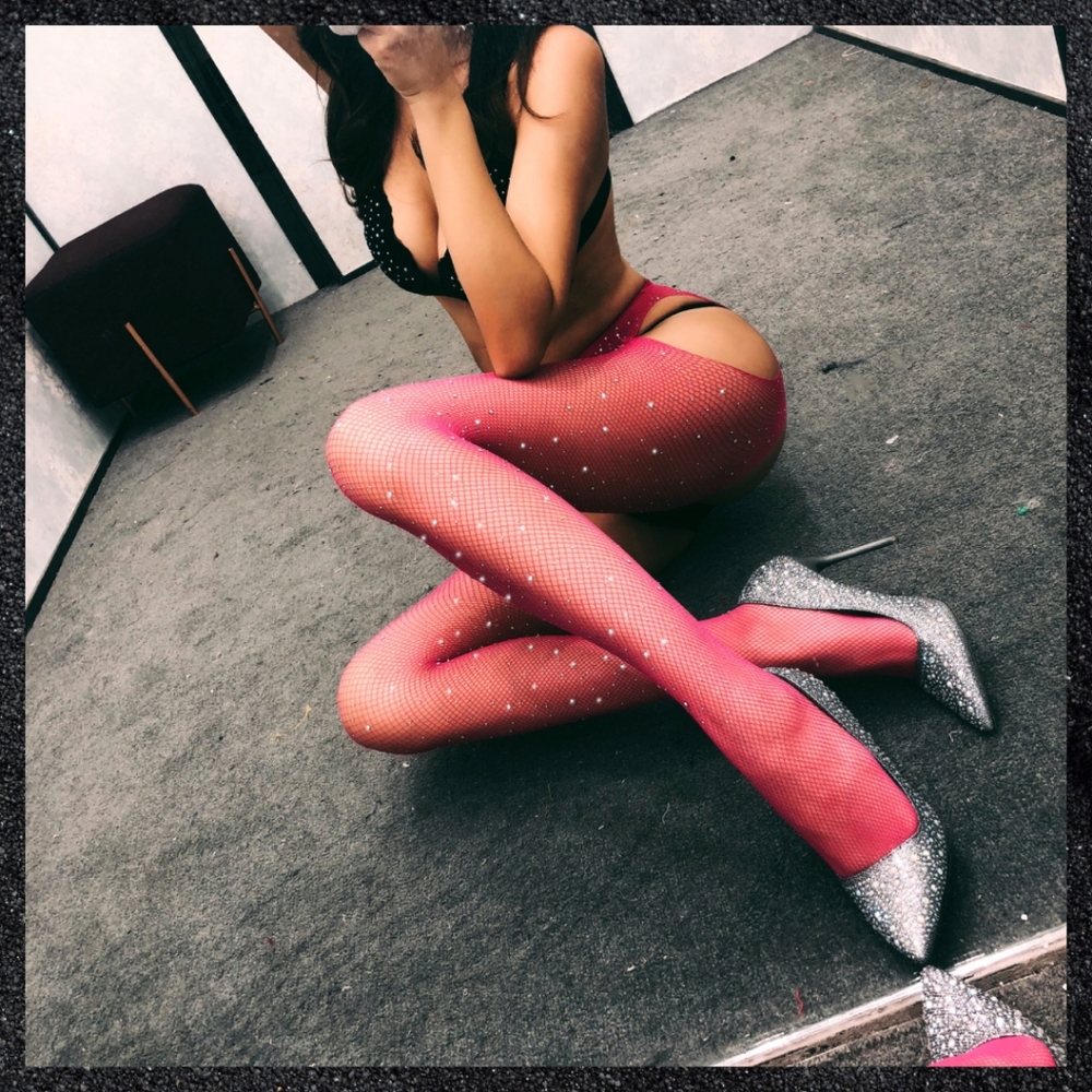 Dark Pink Rhinestone Fishnet Crotchless Garter Belt Thigh High Pantyhose - Picture 4 of 7